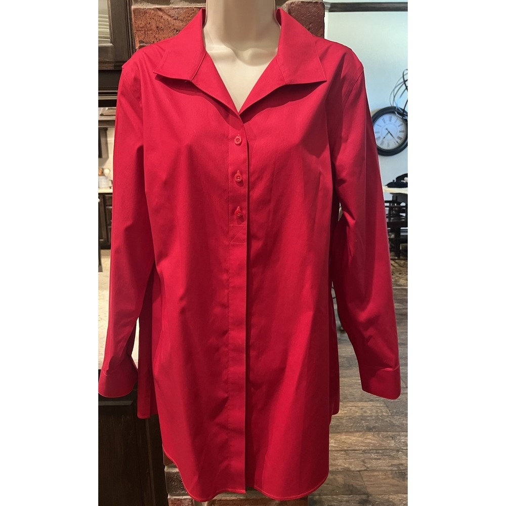 Chico's No Iron Button Up Tunic Top Work Career Ruby Red- Size 2 Large